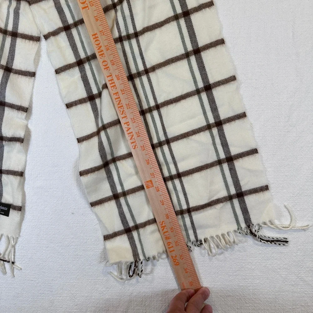 100% Cashmere Scarf Made in Scotland Plaid Cream Brown Grey Fringe Unisex